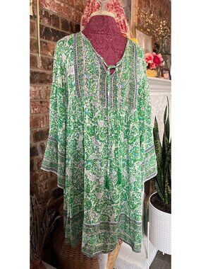 Anandas Collection Green & White Floral Boho Tunic Dress XXL 100% Rayon